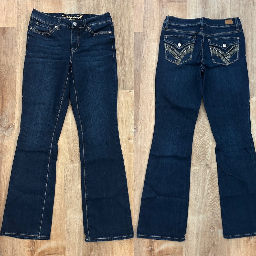 Seven7 Womens Dark Wash Rocker Slim Boot Cut Denim Jeans 6 Embellished Pockets